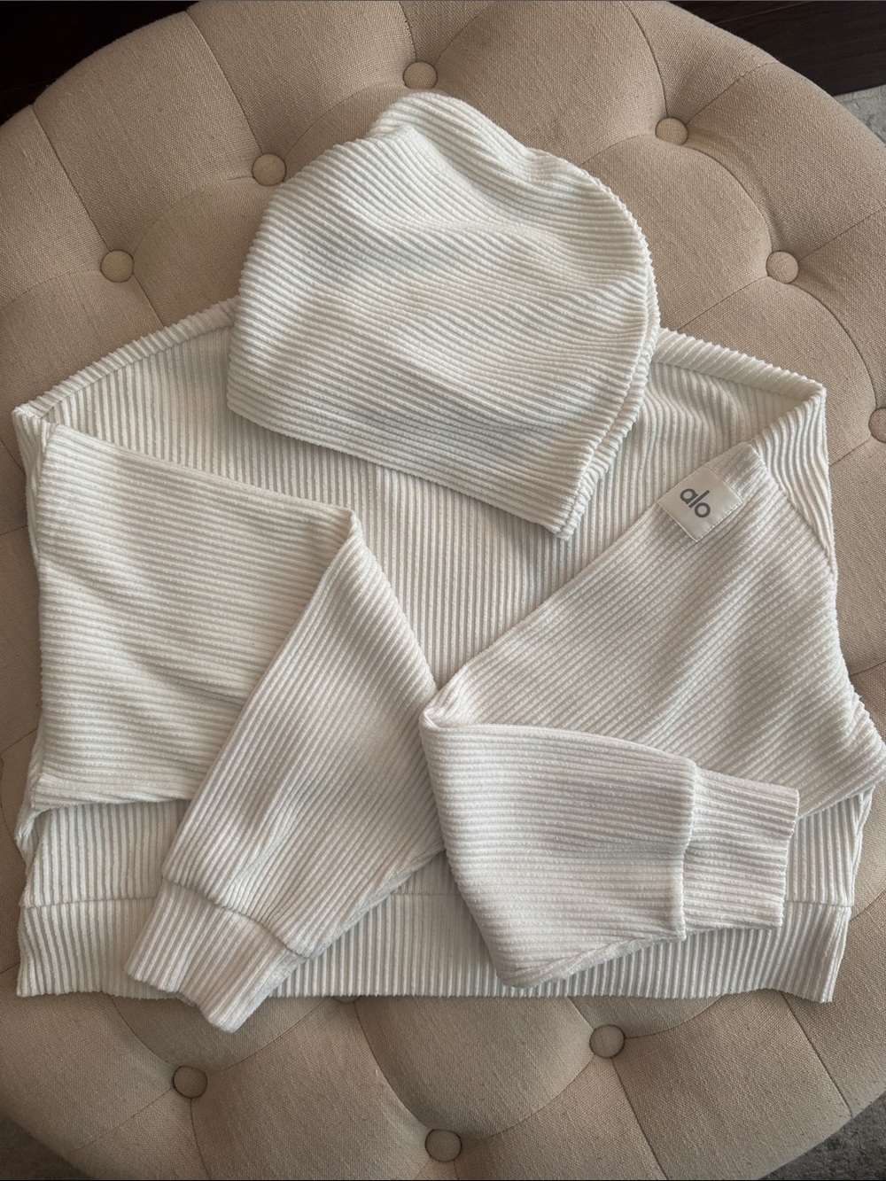 ALO Yoga Ribbed Cream Crewneck Sweater with Hoodie